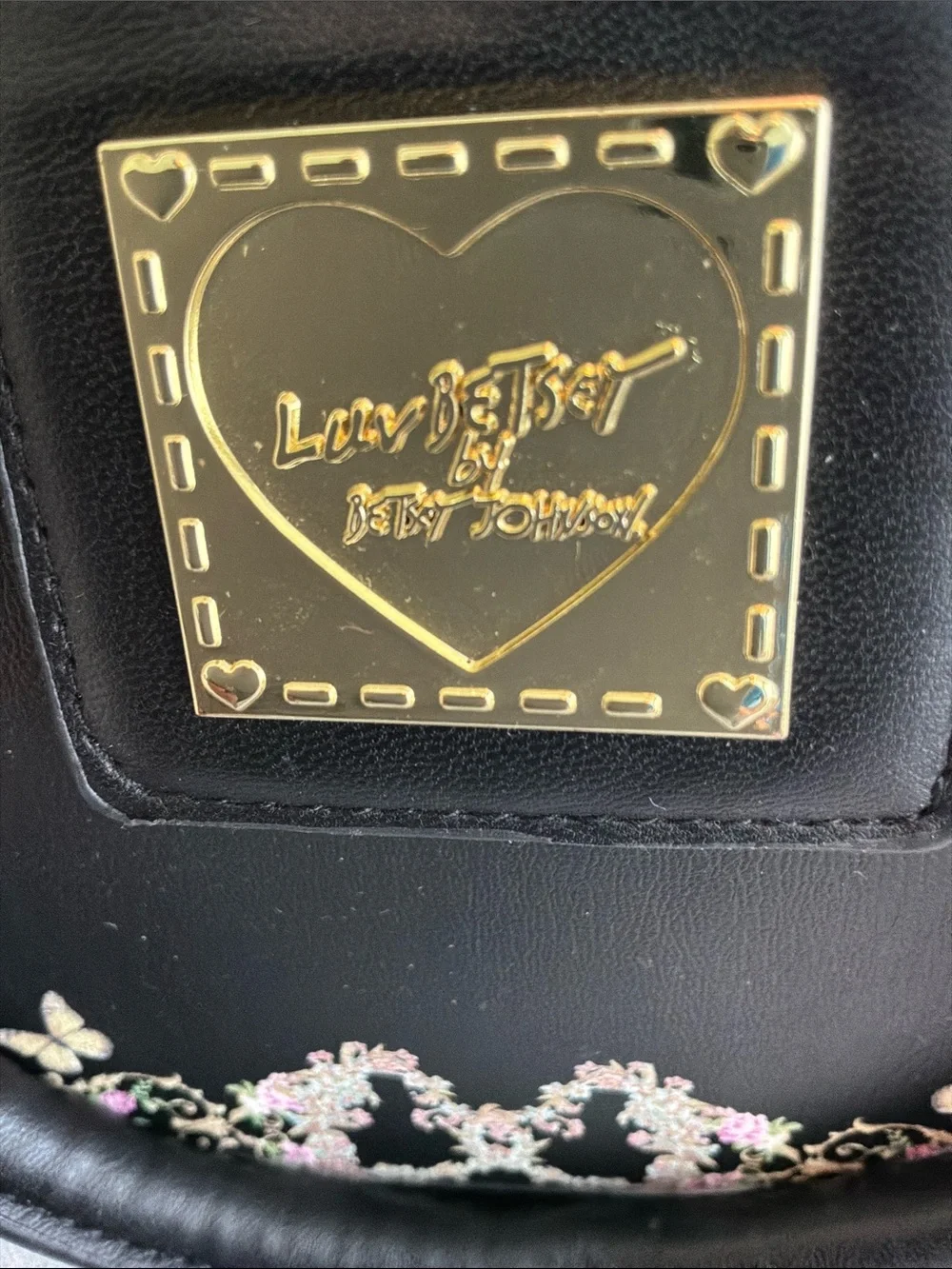 Betsey Johnson Black Satchel with Pink Floral Trim